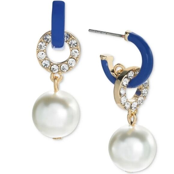 ๐On 34th Gold-Tone Pave Blue Ring & Imitation Pearl Charm C-Hoop Earrings - Picture 1 of 6